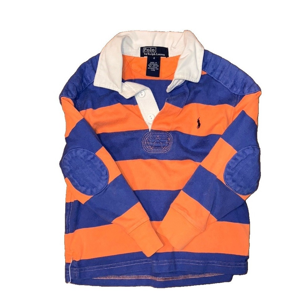 Y2K Polo Ralph Lauren Rugby Shirt Sz 4 Blue Orange Rare Shoulder Elbow Patches